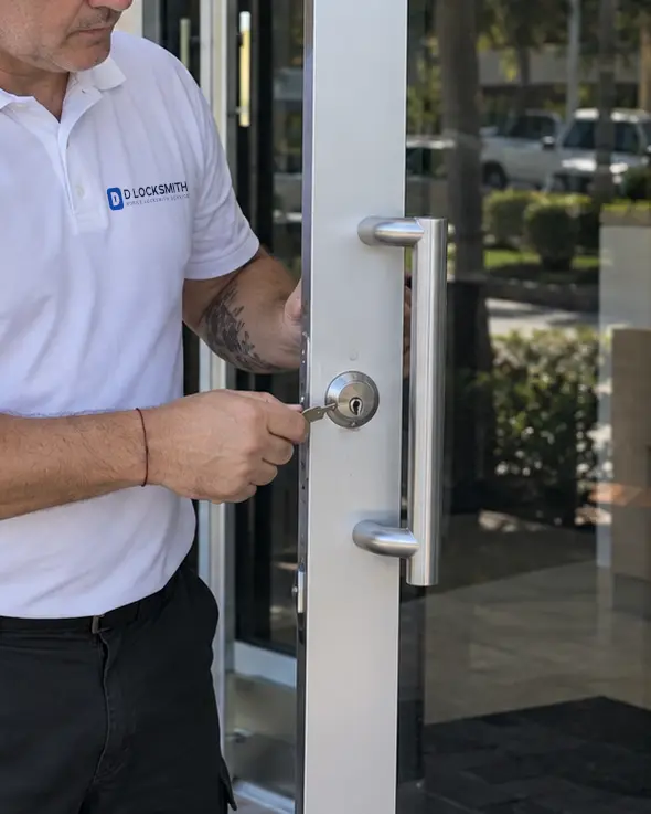 Technician turning a key in the lock cylinder of a commercial glass door