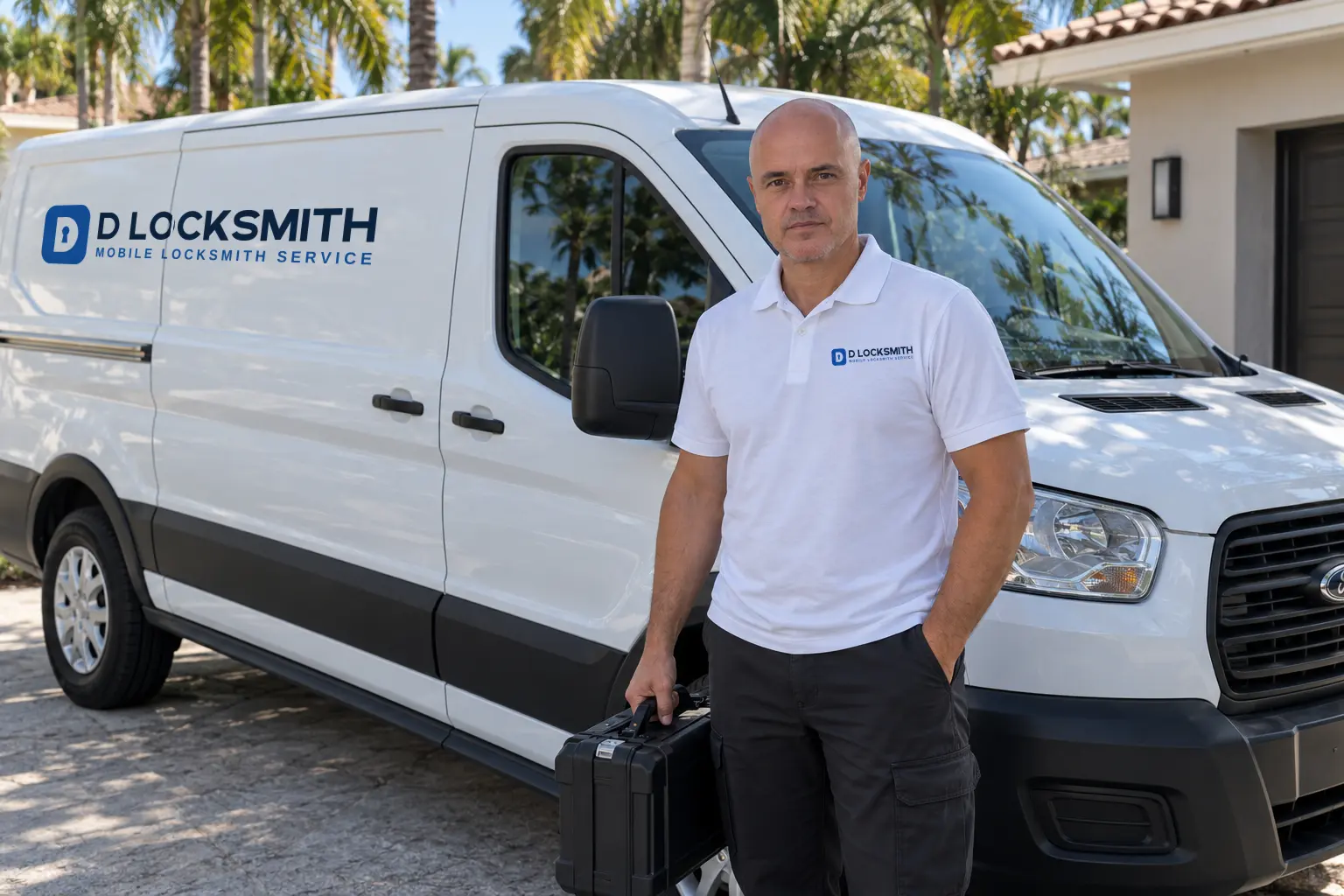 D Locksmith technician with a tool case next to the branded D Locksmith service van