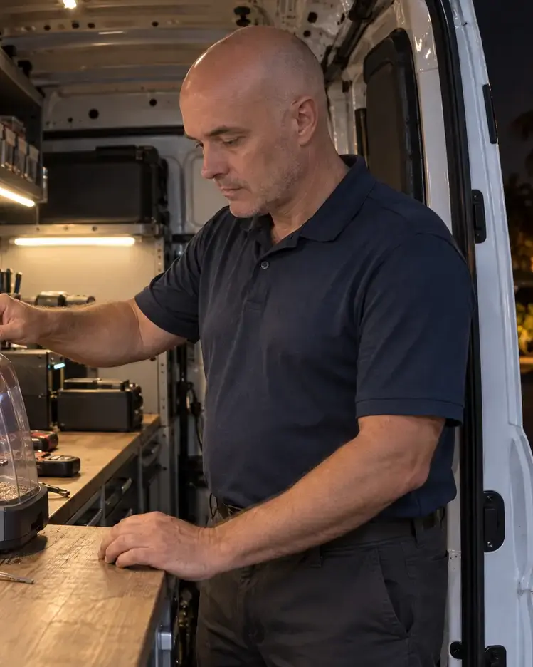 Technician cutting a car key on a key machine inside the D Locksmith van
