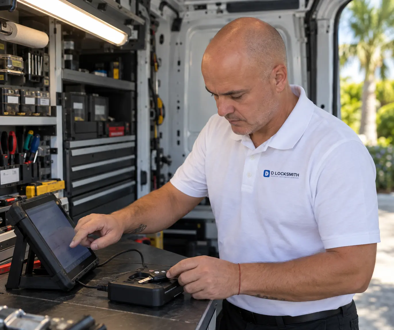 Technician programming a car key fob with a tablet and key programmer in the D Locksmith van
