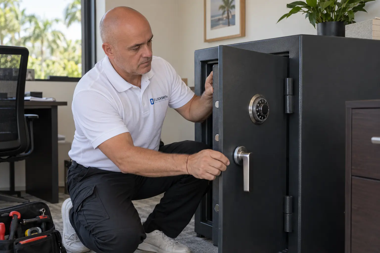 D Locksmith technician opening an office safe with a combination dial